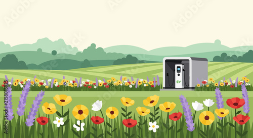 Electric vehicle charging station in a colorful spring wildflower field