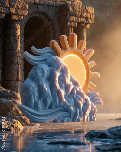 Cloud And Sun Weather Sculpture Beside Ancient Tower