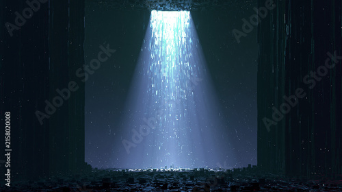 Single Blue Light Beam Falling Into Dark Empty Chamber