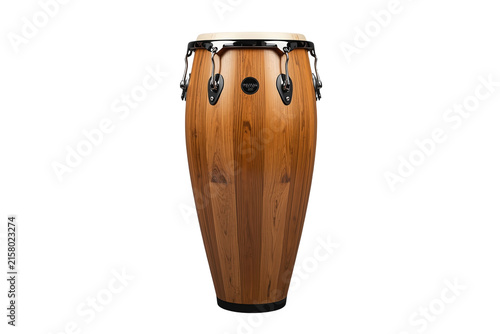 Wooden conga drum with black metal hardware and pale drumhead