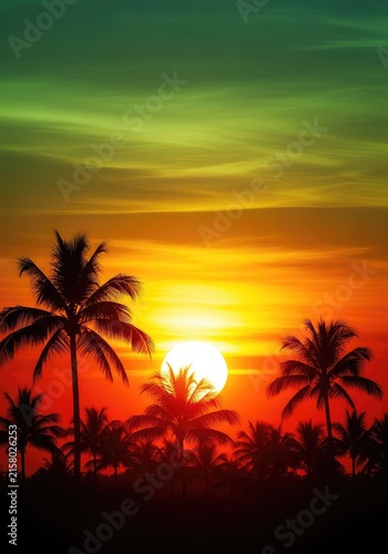 Artistic tropical background showing palm tree silhouettes under a glowing sun with a sky colored in striking red yellow and green hues, coconut, scenic, landscape