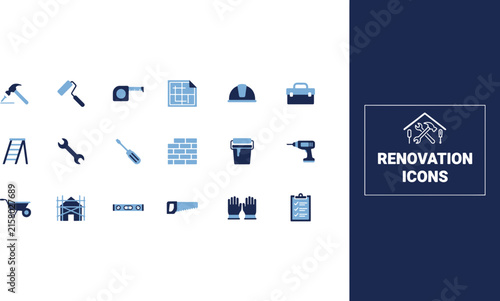 Essential collection of flat vector icons illustrating diverse tools and equipment for home renovation, construction, building, and repair projects