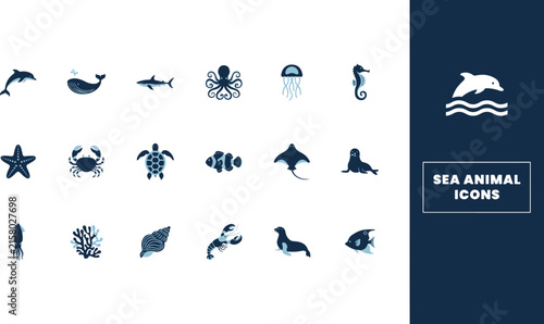 Flat marine life silhouette collection featuring diverse ocean creatures including dolphins whales and coral for graphic design and web projects