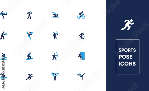 Set of diverse human silhouette icons representing various active athletic sports poses and physical exercise activities for modern digital interface design