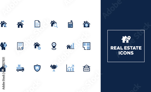 Set of modern real estate and property icons featuring house search, mortgage, agent, contract, and investment symbols