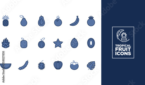 A diverse collection of outline vector icons depicting various healthy tropical fruits, perfect for modern digital design projects, user interfaces, or culinary menu presentations