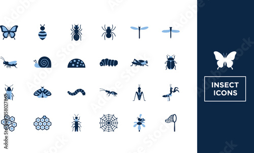 A diverse set of modern flat design vector icons depicting various insects, from butterflies to beetles, ideal for illustrating natural history and ecological themes
