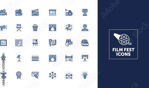 Blue linear vector icon set representing cinema and film festival elements including movie camera clapperboard award and theater attributes