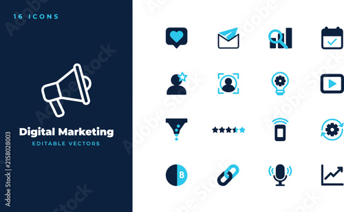 Set of digital marketing and social media icons in blue and white vector illustration