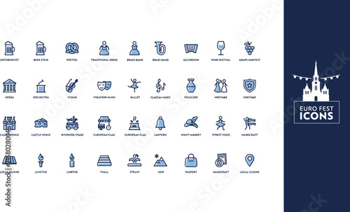 Euro Fest icons set showing European cultural events, traditional celebrations, and festival symbols in blue color