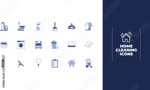 Modern collection of home cleaning icons, featuring essential tools and equipment for household chores, services, and maintaining a hygienic living environment