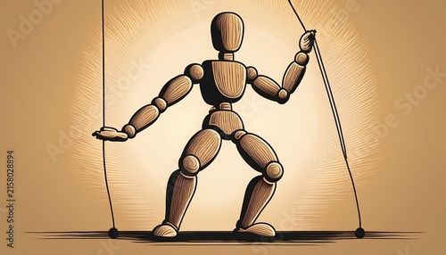 wooden puppet resists string pull defiant pose craft artwork