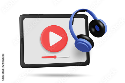 3d tablet media player icon with blue headphones and play button isolated on transparent background for online video streaming music audio podcast entertainment multimedia and digital content sign