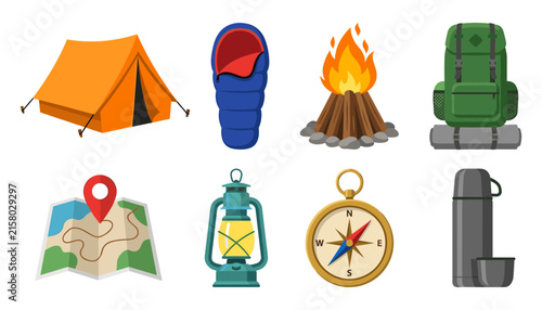 Camping Adventure and Outdoor Recreation Icon Set Featuring Orange Ridge Tent Sleeping Bag Bonfire Hiking Backpack Map Pin Lantern Compass and Thermos Vector Graphics