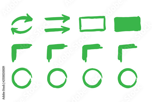 Obraz na plátně Green hand drawn doodle elements set including arrows rectangles corners and cir