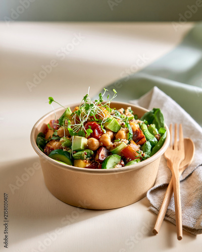 Eco friendly vegan takeaway lunch in compostable kraft bowl with quinoa salad chickpeas avocado and roasted vegetables showcasing sustainable dining