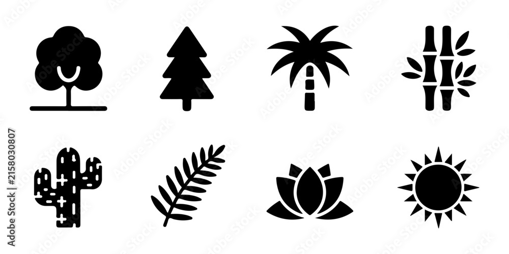 Obraz premium Black nature vector icons set featuring various plants and sun for ecology and environment designs.