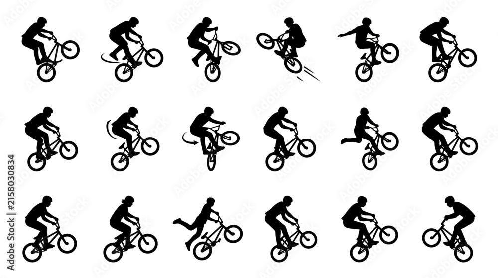 Fototapeta premium BMX bike stunts and bicycle trick icons set, extreme sport vector illustration