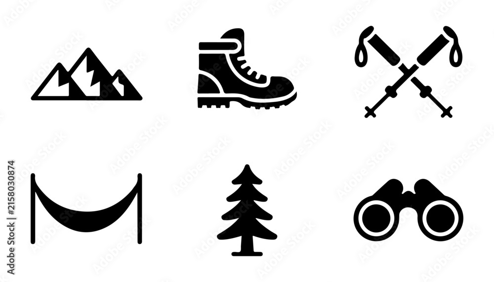 Fototapeta premium Mountain exploration icons set with trekking gear binoculars hammock and evergreen tree symbols.