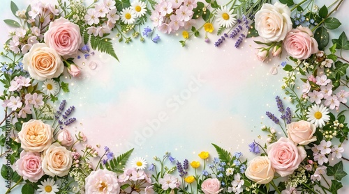 Beautiful pastel floral frame arrangement featuring soft pink roses and delicate spring wildflowers on a watercolor textured background