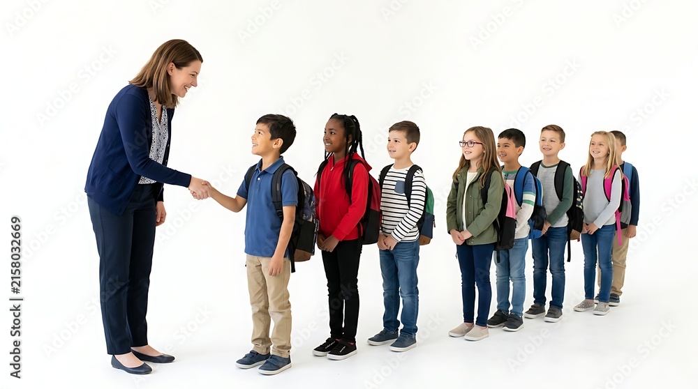 Obraz premium Teacher greeting young student with handshake while diverse children wait in line against background with female teacher shaking plain white background