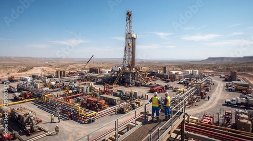 Aerial view of an active oil drilling rig and extraction site in a desert landscape