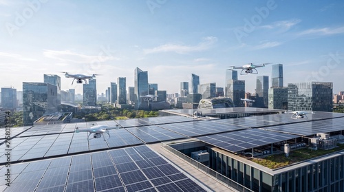 Modern drones inspecting large solar panel arrays on a city rooftop against a skyline background