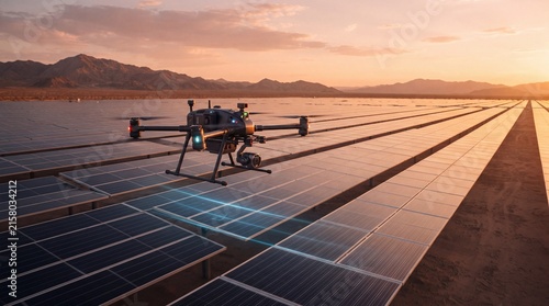 Modern industrial drone inspecting a large solar farm at sunset for renewable energy maintenance
