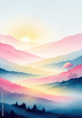 Soft washes of pastel pink and blue create a dreamlike abstract watercolor landscape with ethereal rolling hills and golden misty light, painting, dreamy, horizon