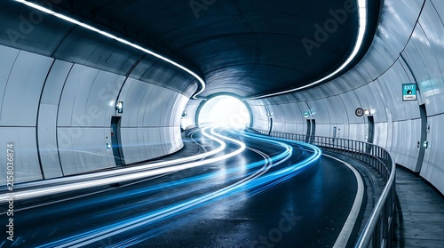 Dynamic light trails moving through a modern curved tunnel isolated on white background