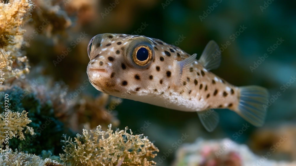 Fototapeta premium A spotted pufferfish swims gracefully near coral formations in clear underwater waters with soft natural lighting