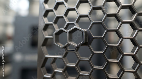 Close-up view of modern hexagonal metal honeycomb structure