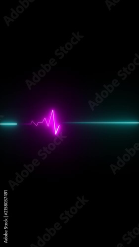 Glowing red neon heart pulsating with electrocardiogram line on dark grid background medical cardiology health 4K HD video..