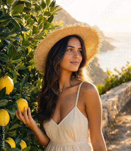 Beautiful woman wearing a straw hat touches a ripe lemon on a lush tree along a coastal cliff. Bathed in golden sunlight, the scene captures an idyllic Mediterranean summer evening overlooking the sea