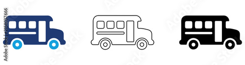 Multicolor School Bus Icon Set with Filled and Outline Styles for Student Transportation Education School Travel Public Transit and Vehicle Services Isolated on Transparent Background