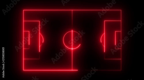 High-angle aerial top view of a pristine green soccer field neon animation . Professional football pitch with white markings, goal posts, and textured grass stripes. Perfect for sports.