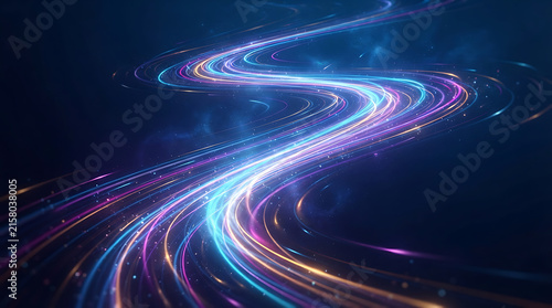 Colorful light trails swirling in dark space background