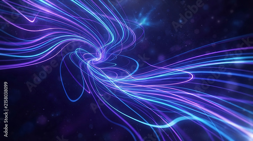 Abstract swirling blue and purple light energy explosion in dark space