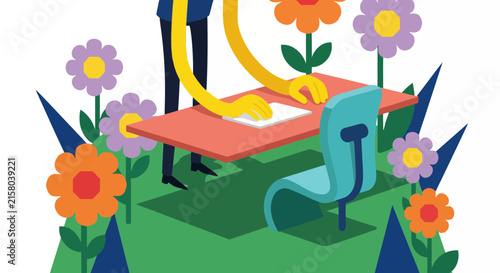 Person working at a desk surrounded by colorful flowers in a flat style
