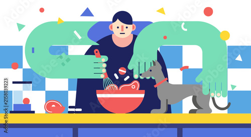 Person with long stylized arms cooking food in kitchen with pet dog