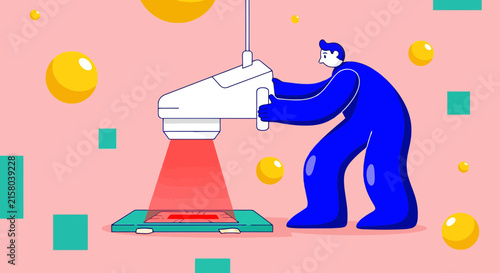 Professional technician operating industrial laser equipment for manufacturing