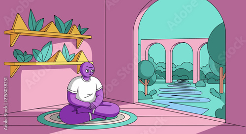 Purple character meditating on floor mat inside pink room with arch window