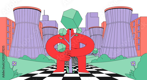 Red humanoid figure protecting a young tree near large industrial towers