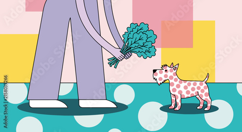 Stylized purple person holding green leafy greens for a cute polka dot dog