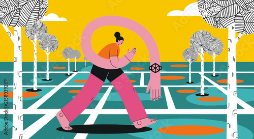 Surreal woman with long flexible arm walking in a stylized geometric park
