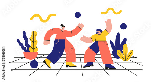 Two people dancing in a modern flat artistic style with geometric shapes