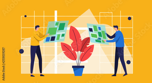 Two men collaborating on digital project planning in modern office