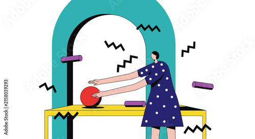 Woman interacting with red sphere in modern flat geometric art style