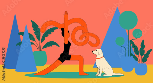 Woman practicing yoga poses with a friendly dog in a vibrant room