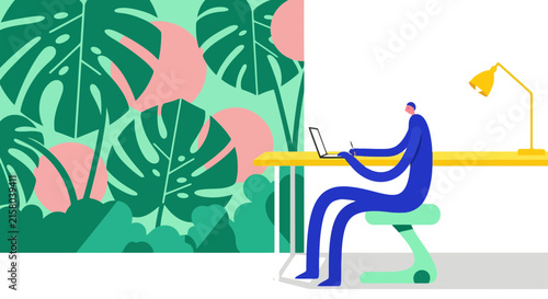 Blue stylized person working on laptop in tropical home office room